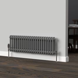 A 300mm x 1010mm Horizontal 2-Column Radiator in an Anthracite finish with chrome valves within a living room setting.
