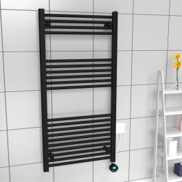 A 1200mm x 600mm Electric Towel Radiator in a black finish with a black element within a bathroom setting.
