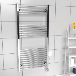 A 1200mm x 600mm Electric Towel Radiator in a chrome finish with an chrome element within a bathroom setting.