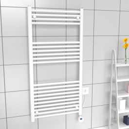 A 1200mm x 600mm Electric Towel Radiator in a white finish with a white element within a bathroom setting.
