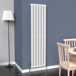A 1600mm x 410mm Flat Vertical Single Radiator in a White finish with a chrome thermostatic valve in a living room setting.