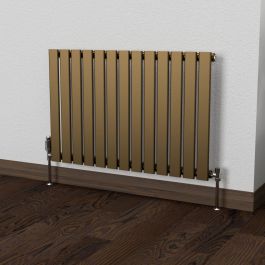 A 600mm x 910mm Flat Single Horizontal Radiator in an Antique Brass finish with a chrome thermostatic valve in a living room setting.
