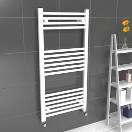 A 1000mm x 500mm 22mm Towel Radiator in a White finish with chrome manual  valves within a bathroom setting.
