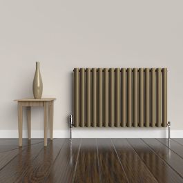A 600mm x 960mm horizontal oval radiator in an Antique Brass finish with chrome valves within a living room setting.
